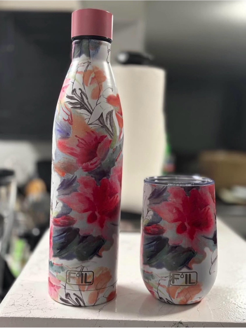 New Foil Floral Insulated Bottle and Tumbler Set - Pink Floral